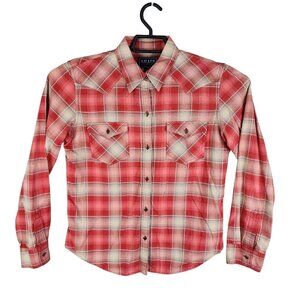 Womens Chaps Denim Red & Tan Plaid Shirt Button Up Long Sleeve 100% Cotton M